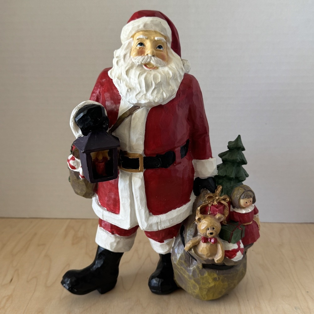 Vintage Hand Painted 12" Tall Santa Claus Figurine w/Gifts, Lantern & Teddy Bear